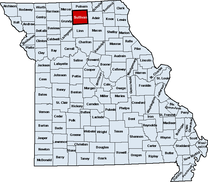 Sullivan County highlighted on small Missouri county map.